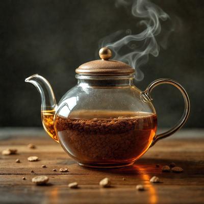 The primary subject of the image is a teapot filled with tea, placed on a wooden table. The teapot is made of glass and has a wooden lid. The setting is a cozy and warm environment, with the teapot being the main focus of the scene. The visual style is a realistic representation of the teapot and its contents. The colors and mood of the image are predominantly warm and inviting, with the wooden table and teapot creating a sense of comfort and relaxation.